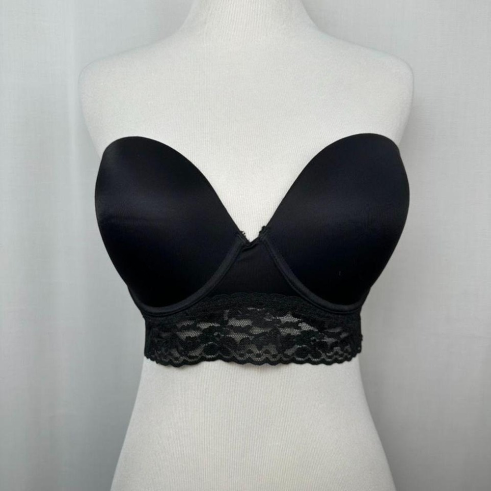 Victorias Secret PINK Black Lace Strapless Bustier Bra Size 36D Underwire Padded